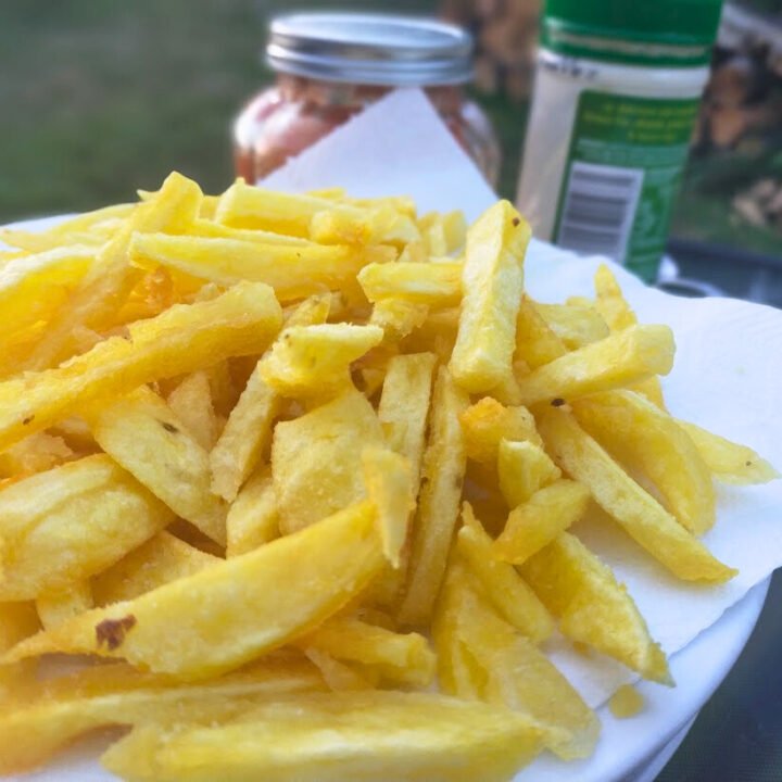 Homemade fries on a plate, sauce and mayo in background