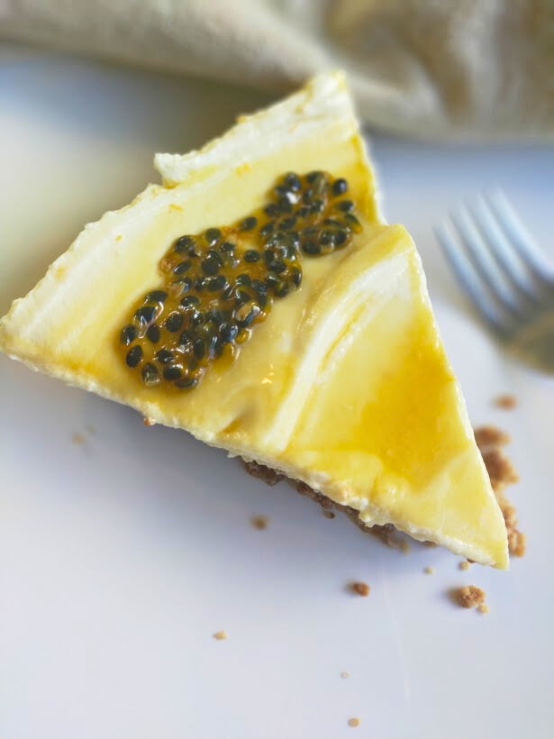 Passionfruit syrup used as a topping on cheesecake.