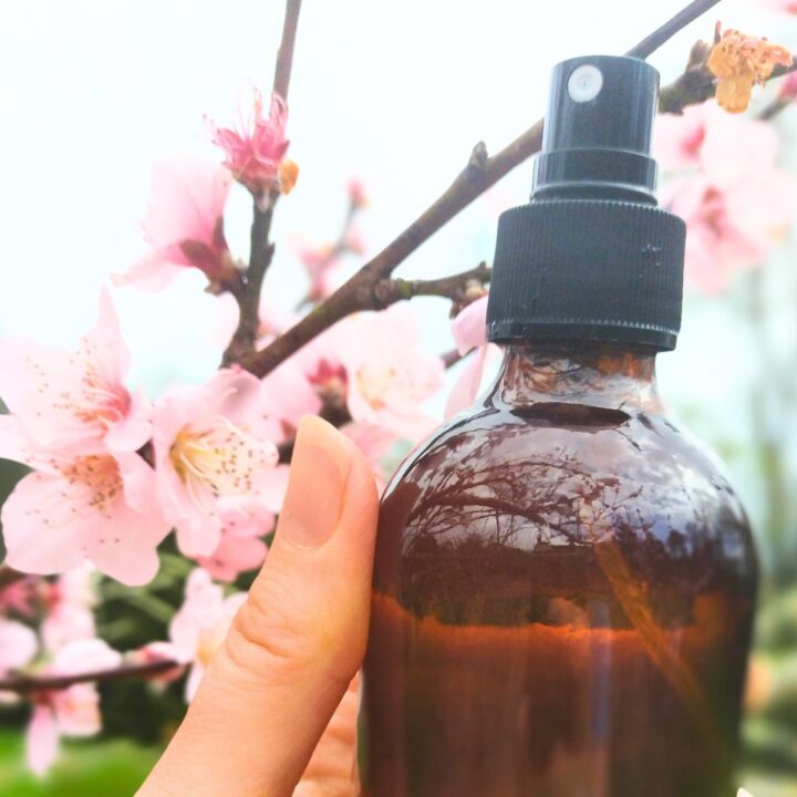 Natural Air-freshener in an amber spray bottle being held by blossom tree outside