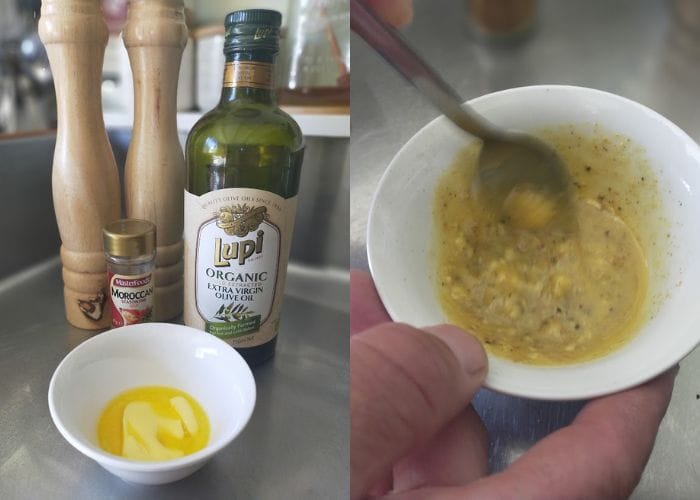 Ingredients for snapper marinade, butter, olive oil, Moroccan seasoning, salt and pepper.