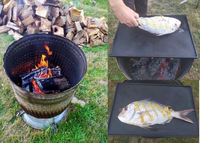 Outdoor wood burning brazier with snapper cooking