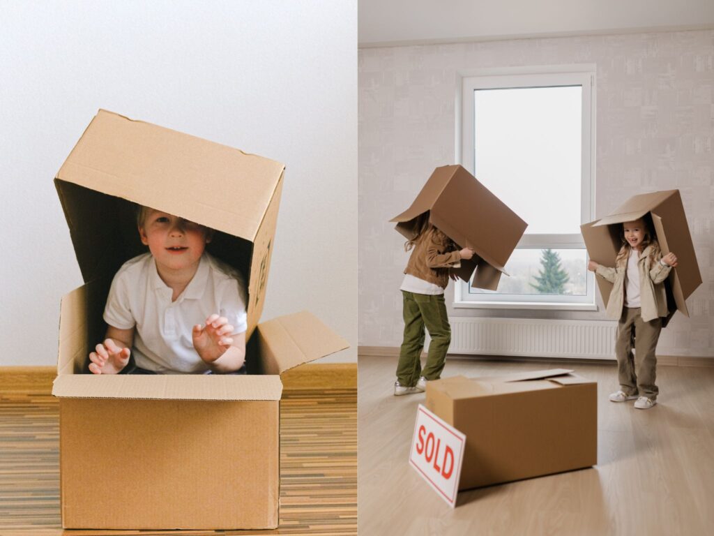 The best screen free activity for kids is giving them a huge box. Two kids play in the moving cartons in the living room.