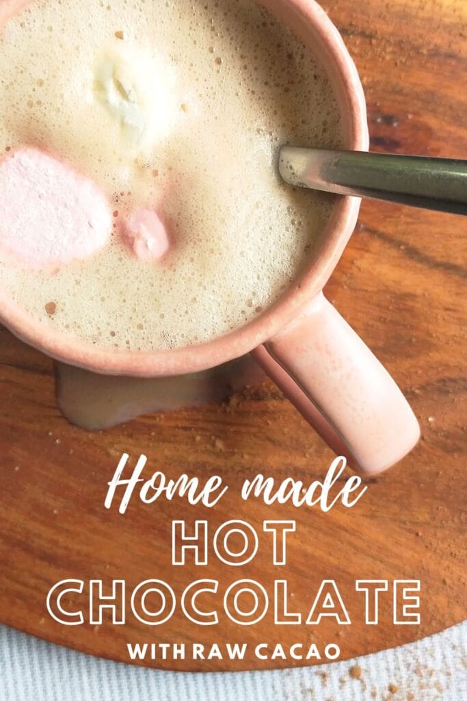 Frothy hot chocolate in a pink mug with marshmallows PIN