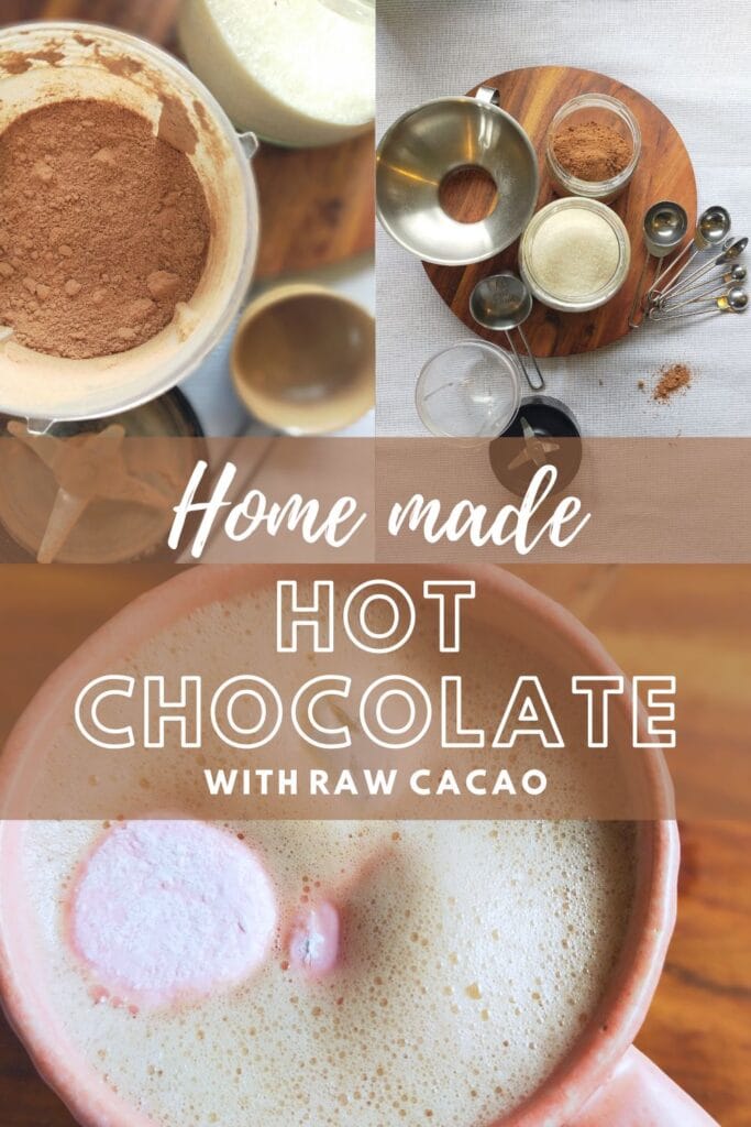 Home made hot chocolate PIN with powder mix, ingredients and made drink in pink mug